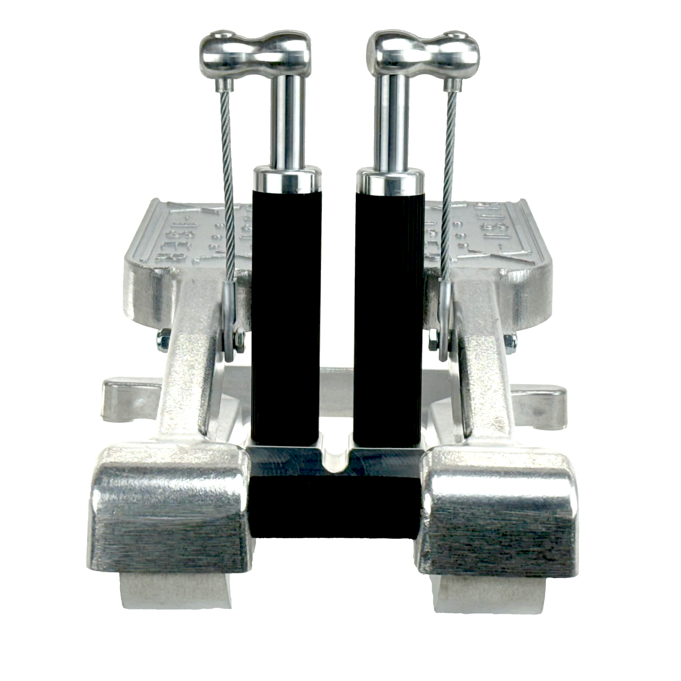 Metallic tool with black cylindrical components on a white background