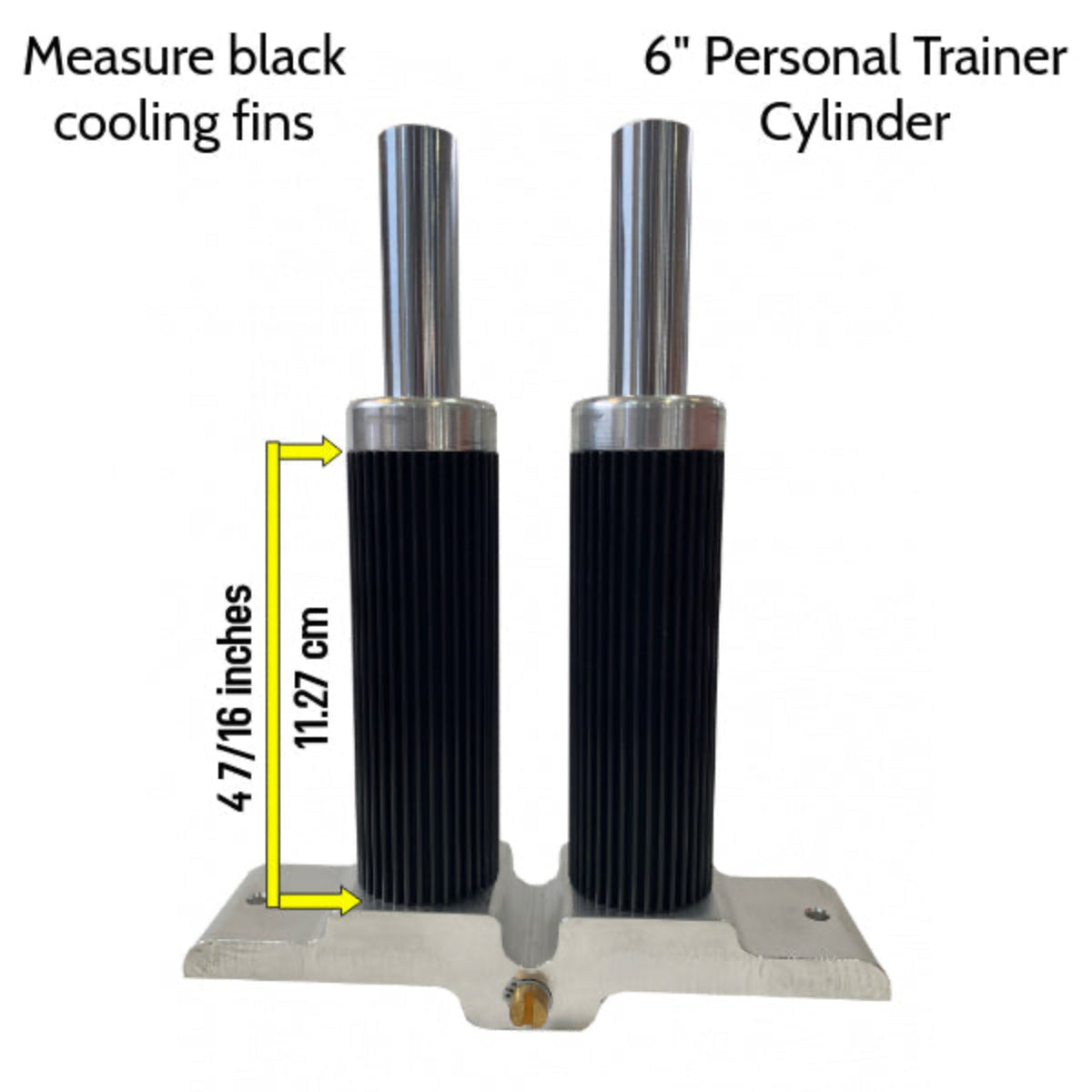 Two cylindrical components with black cooling fins and silver ends, labeled '6" Personal Trainer Cylinder'.