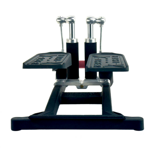 Black foot pedal exercise machine with two cylinders on a white background