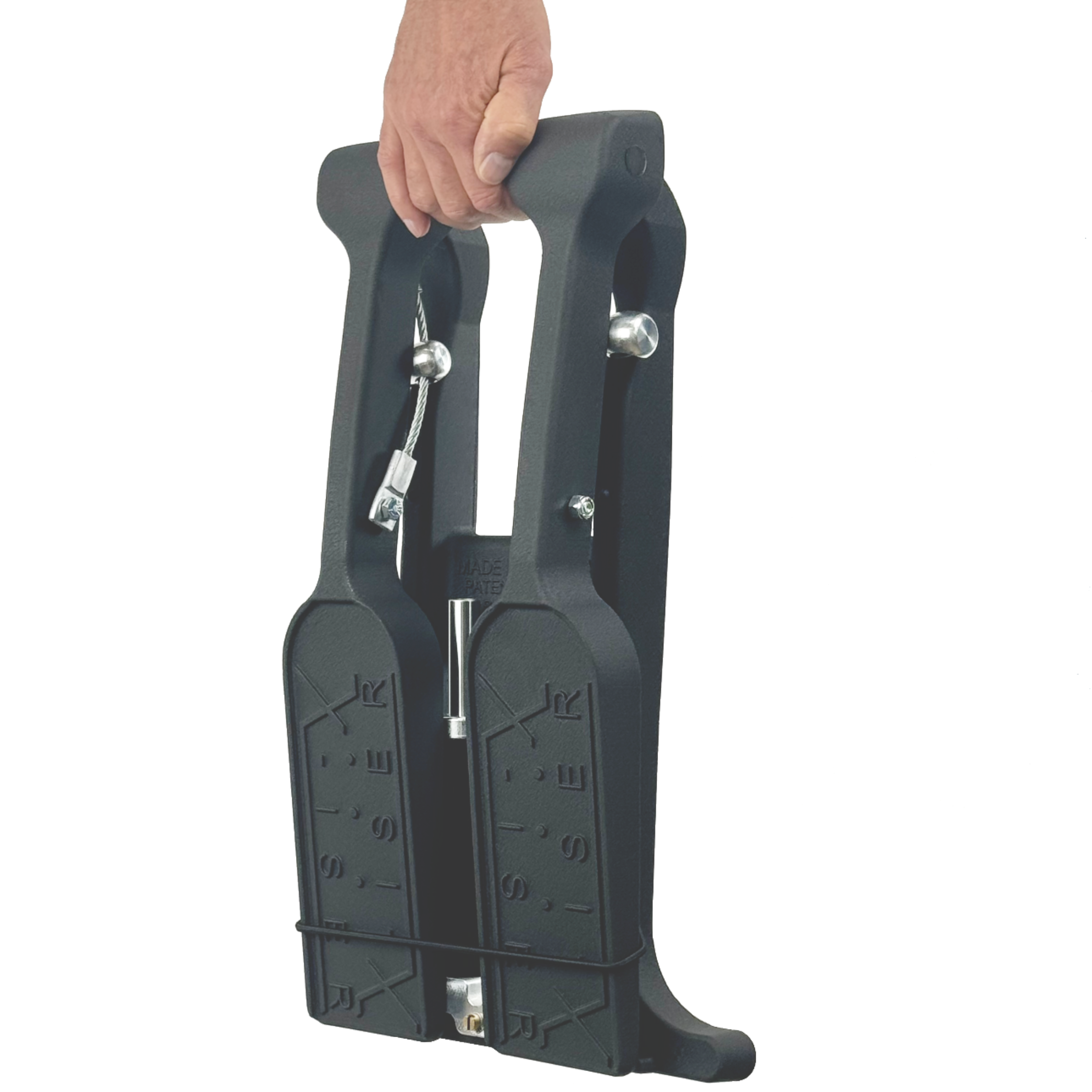 Black metal exercise machine with a handle held by a hand on a white background